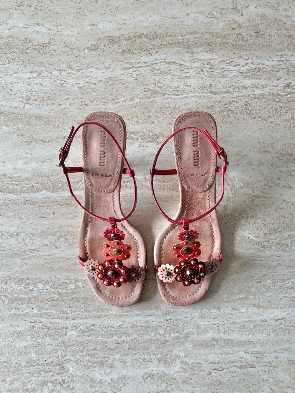 Vintage Miu Miu Flower Stud T-strap Sandal Heels